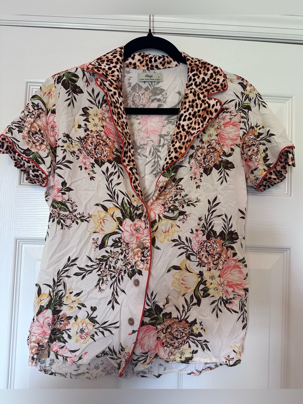 Maaji Cream Floral Button-Front Short Sleeve Top with Leopard Trim - Size Small